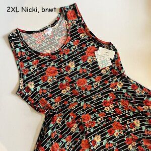 2XL Lularoe Nicki sleeveless dress, black with white stripes, red roses
